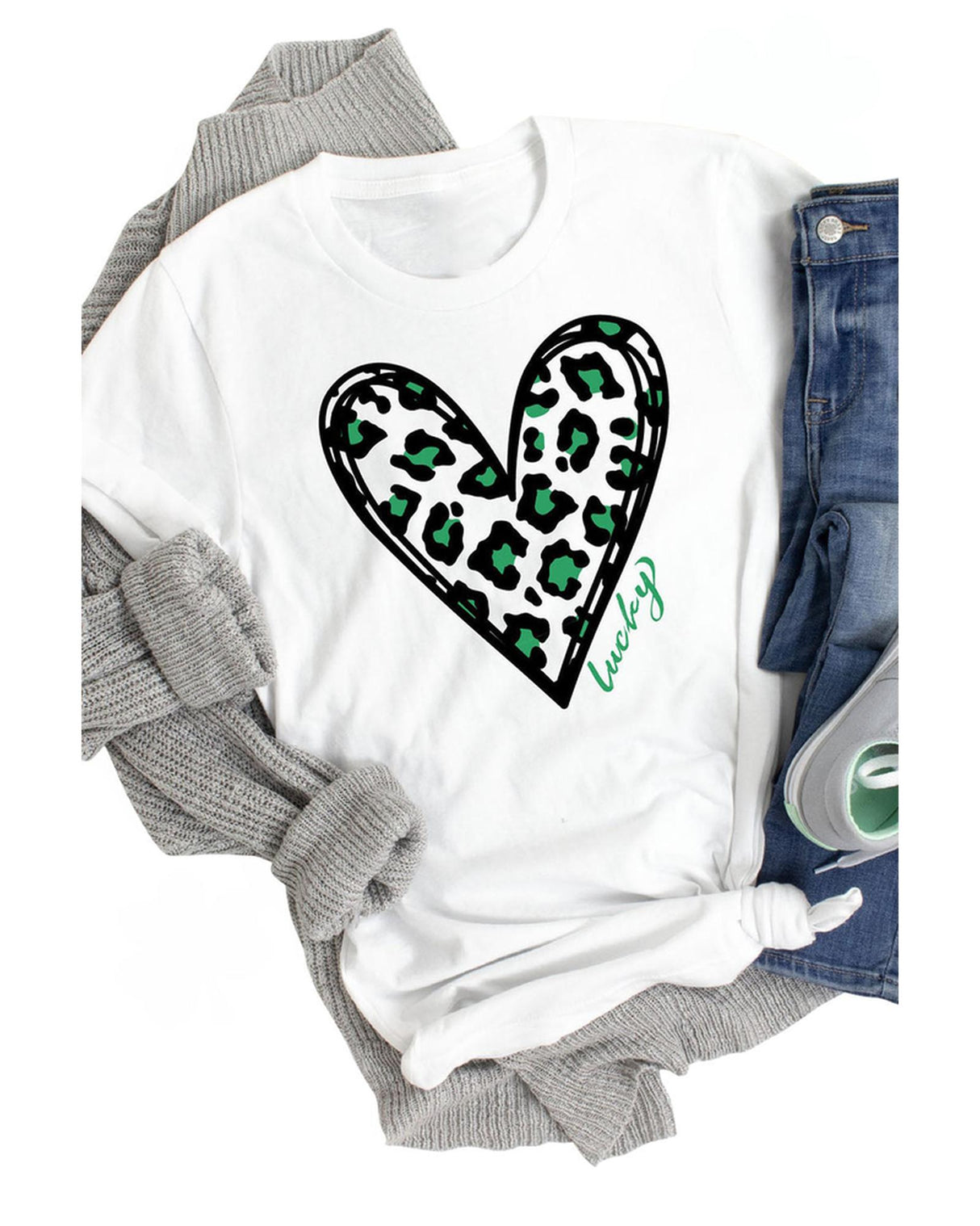 Lucky Leopard Heart Print St. Patrick's Day T-Shirt - 2XL