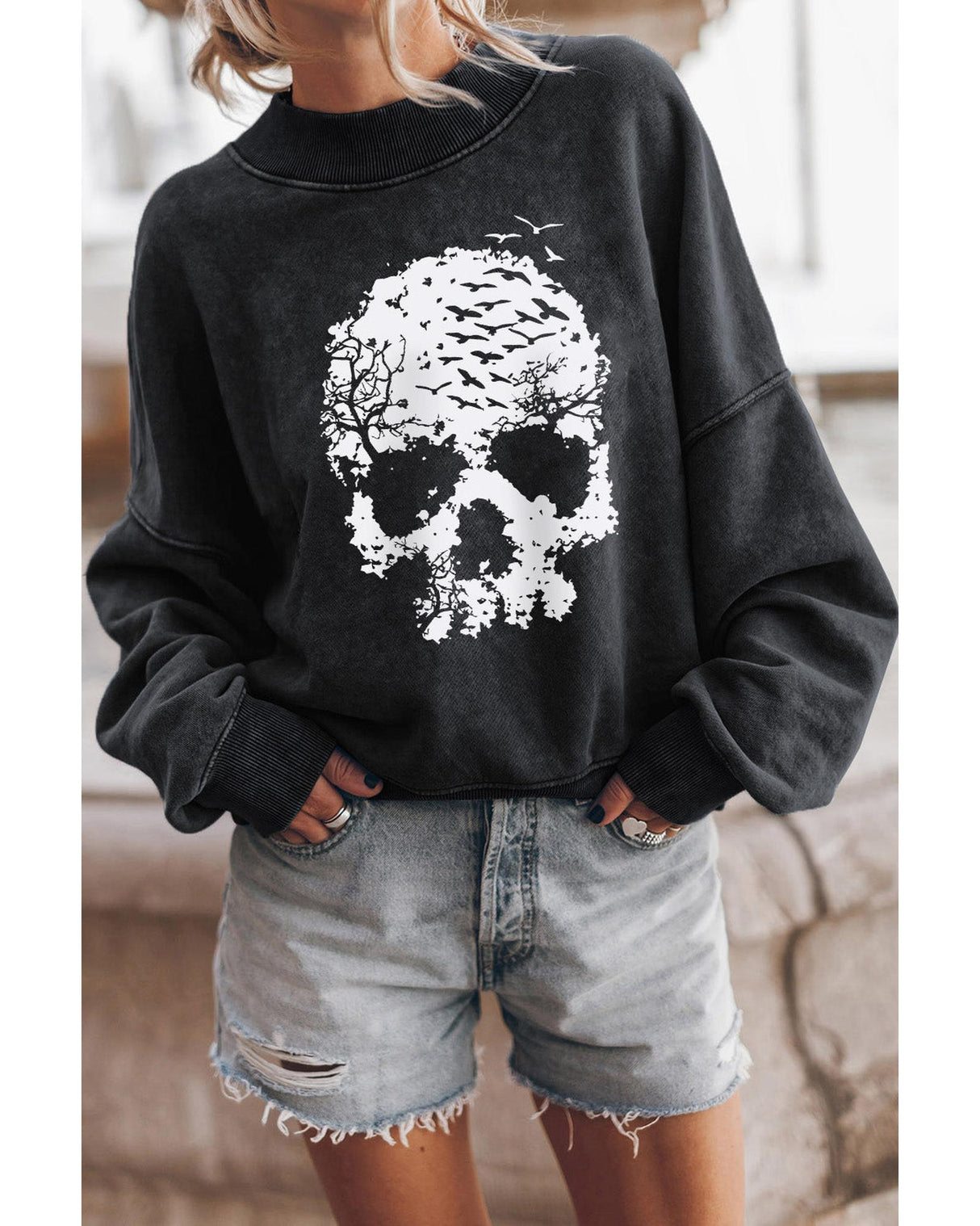 Azura Drop Shoulder Skull Graphic Sweatshirt for Halloween - Size S