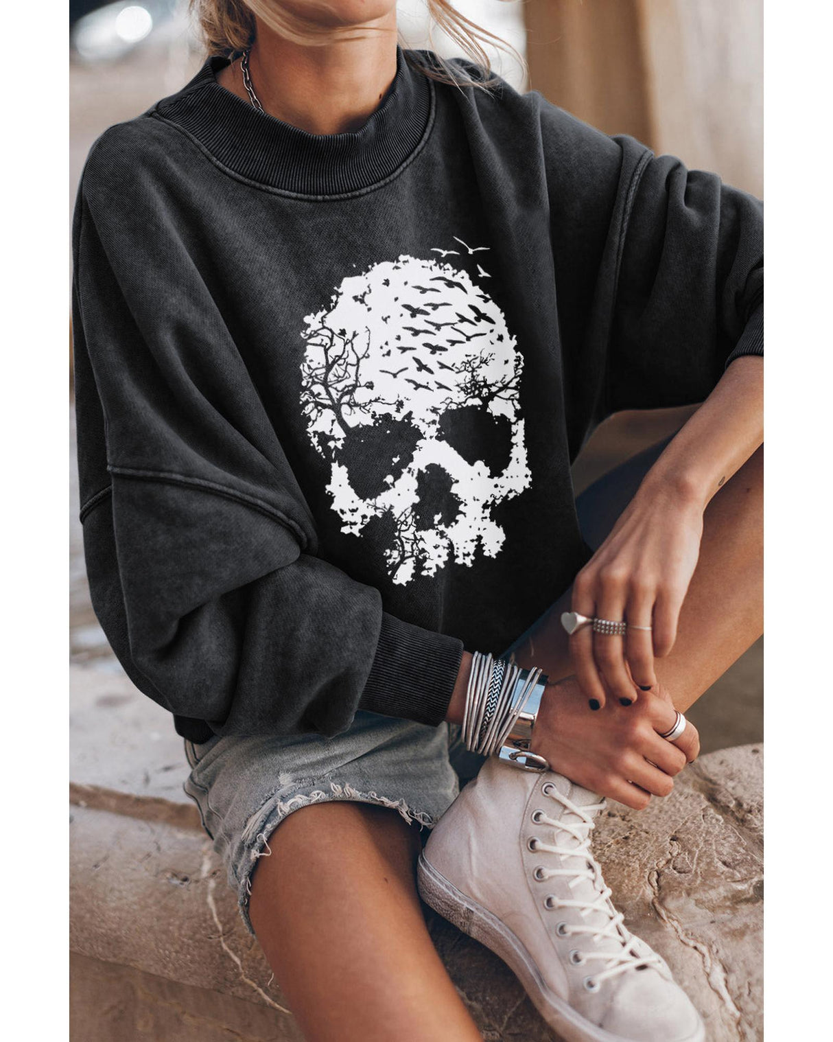 Azura Drop Shoulder Skull Graphic Sweatshirt for Halloween - Size S