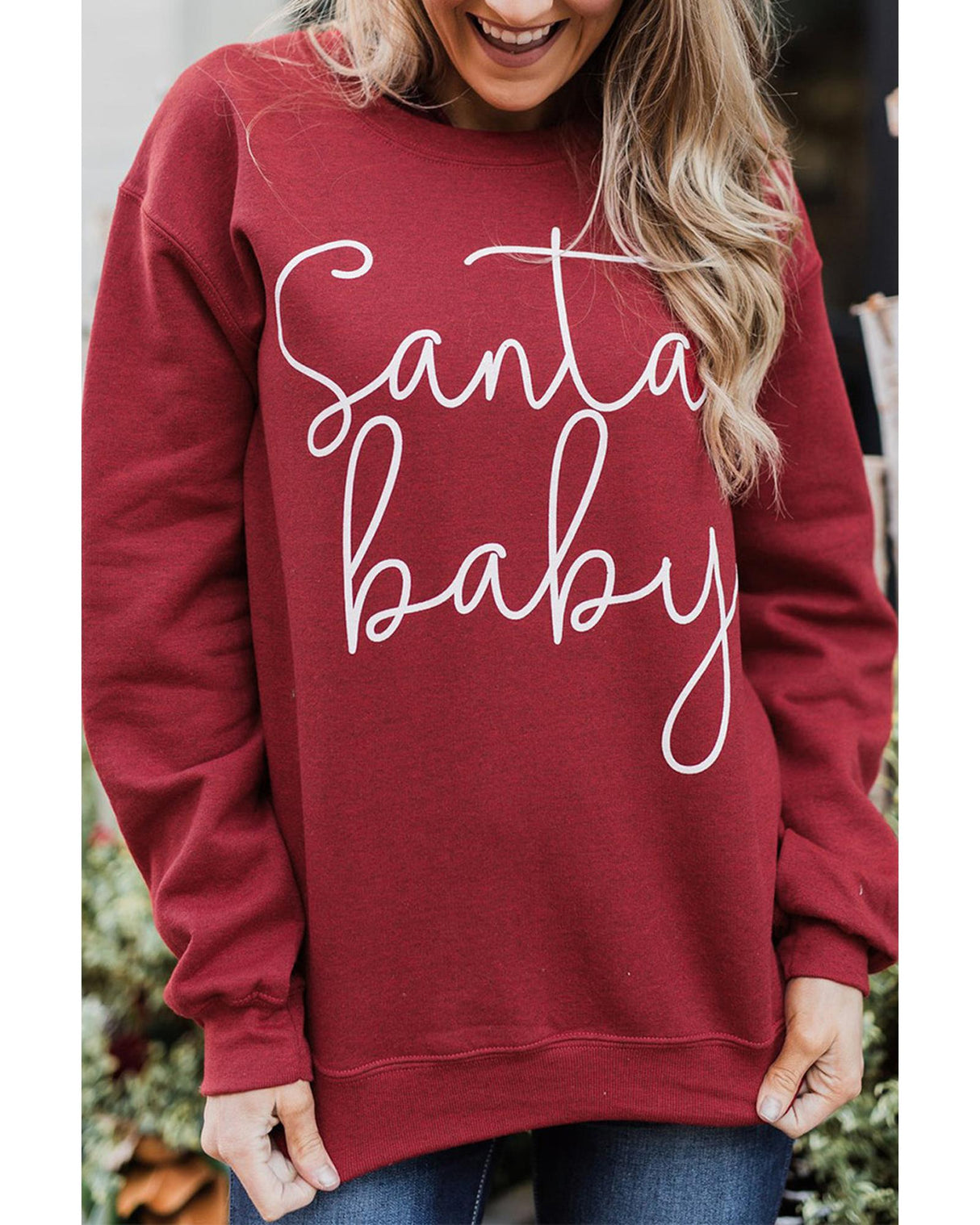 Festive Santa Baby Graphic Red Pullover Sweatshirt - S