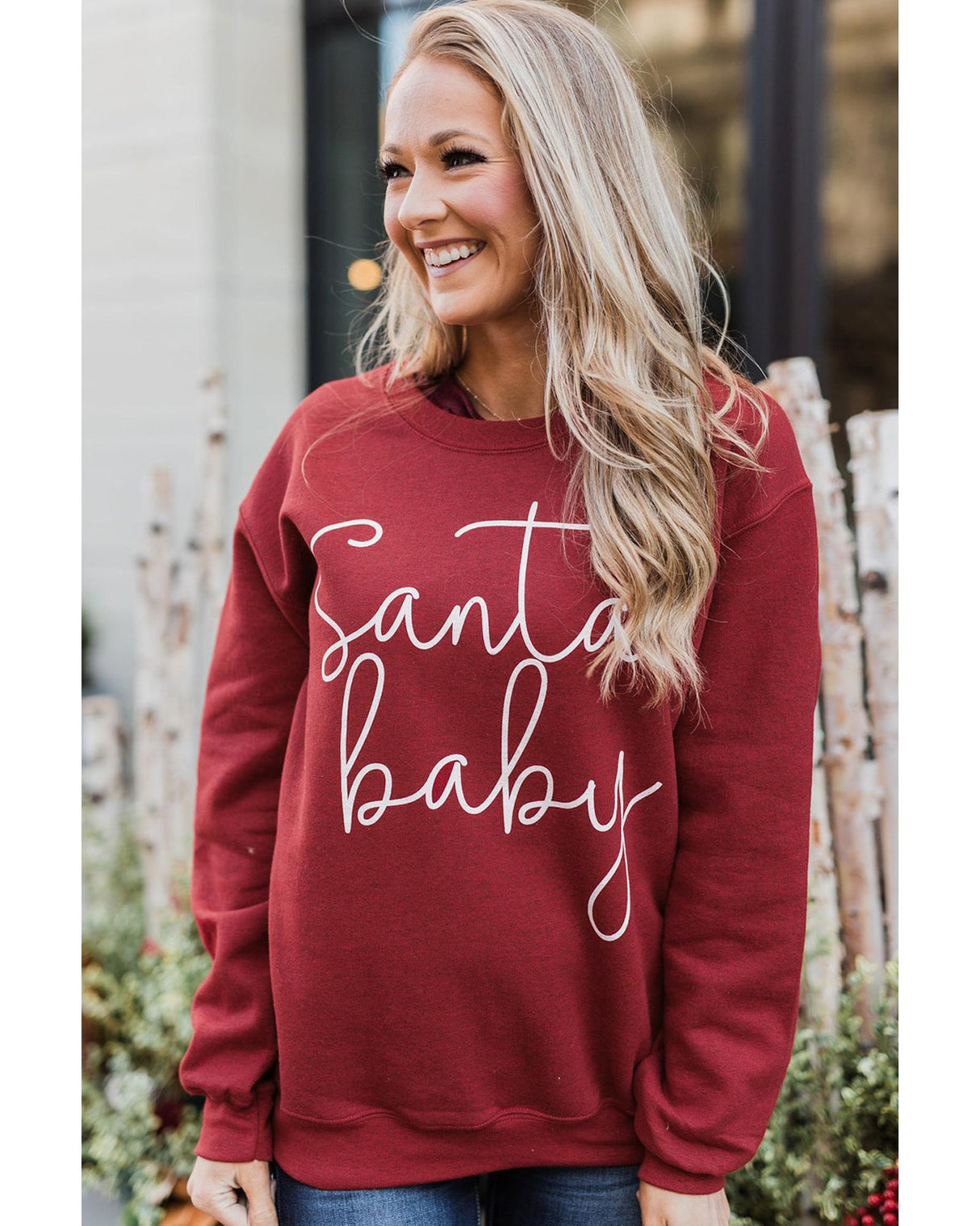 Festive Santa Baby Graphic Red Pullover Sweatshirt - S