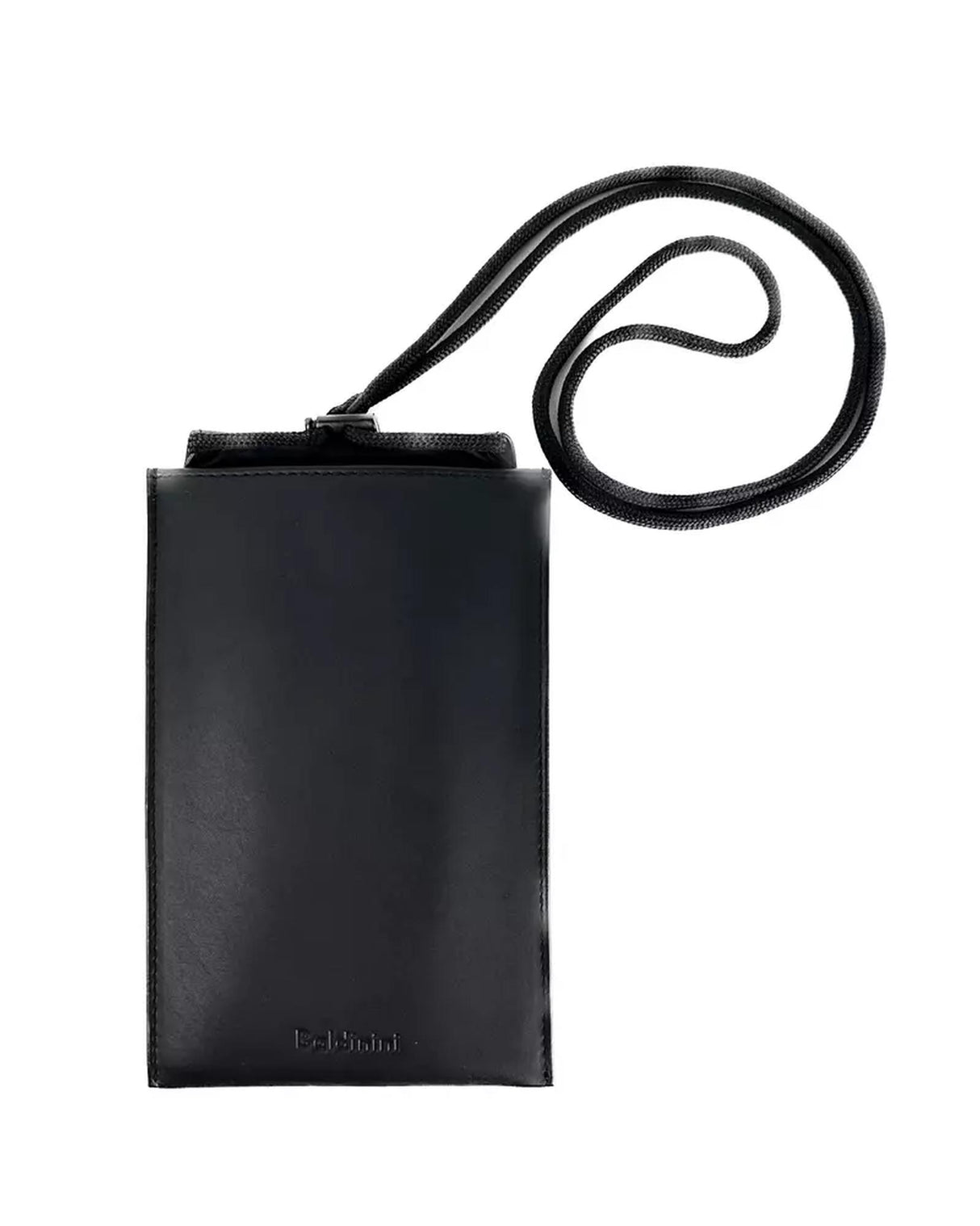 Italian Black Calfskin Leather Phone Wallet with Adjustable Strap and Card Slots for Men