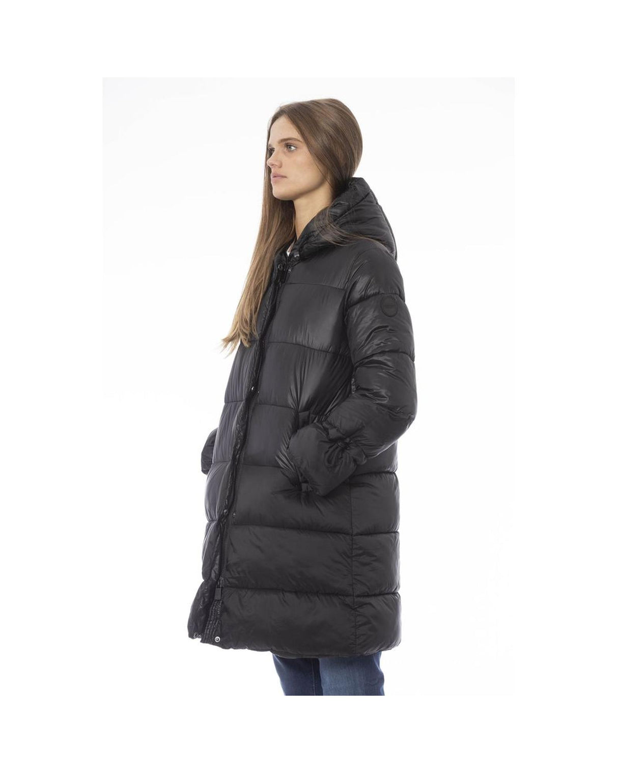 Baldinini Trend Women's Monogram Black Nylon Long Down Coat - Size M