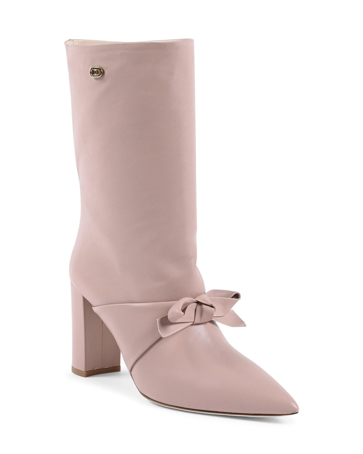 Pointed Toe Bow Short Boot with Gold Logo Detail - 39 EU