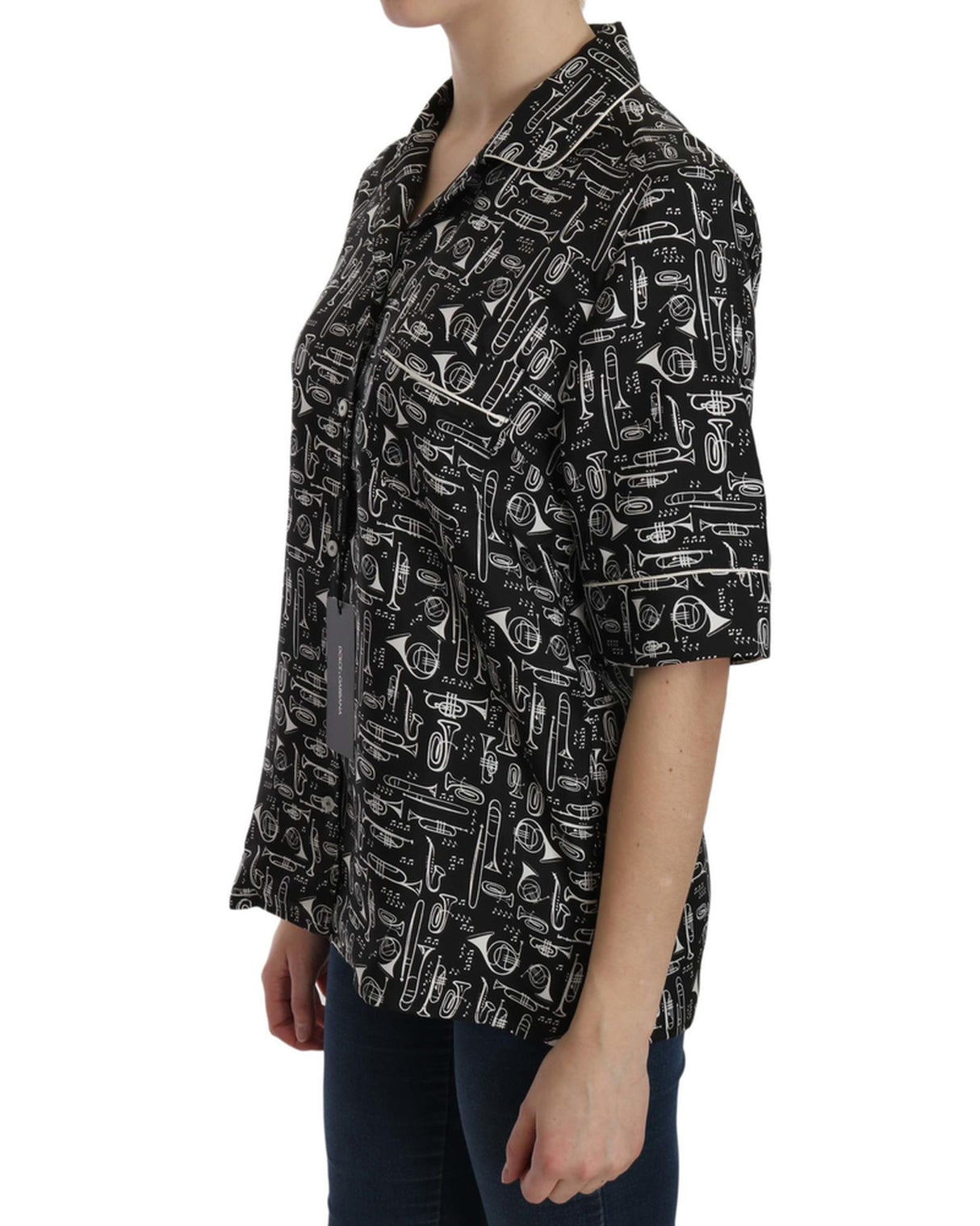 Silk Collared Top with Captivating Musical Instrument Print for IT Women