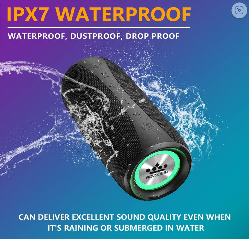 Royqueen 30W Waterproof Bluetooth Speaker with Deep Bass, True Wireless Stereo, and Built-in Mic for Indoor and Outdoor Use