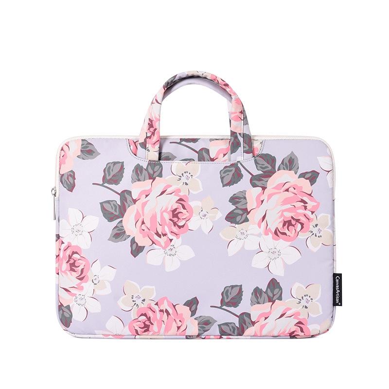 13 Inch Laptop Case Bag With White Rose Pattern And Handle - Black