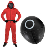 Adult Squid Game Guard Tracksuit Red Full Party Costume Set w/ Mask - Circle Mask - S/M - Front View