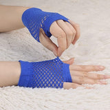 12 Pack Fingerless Fishnet Gloves - Retro Wrist-Length Dance Accessories - Blue