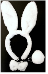 Adorable White Bunny Ear Headband with Bow and Tail for Halloween Costume Party - Front View