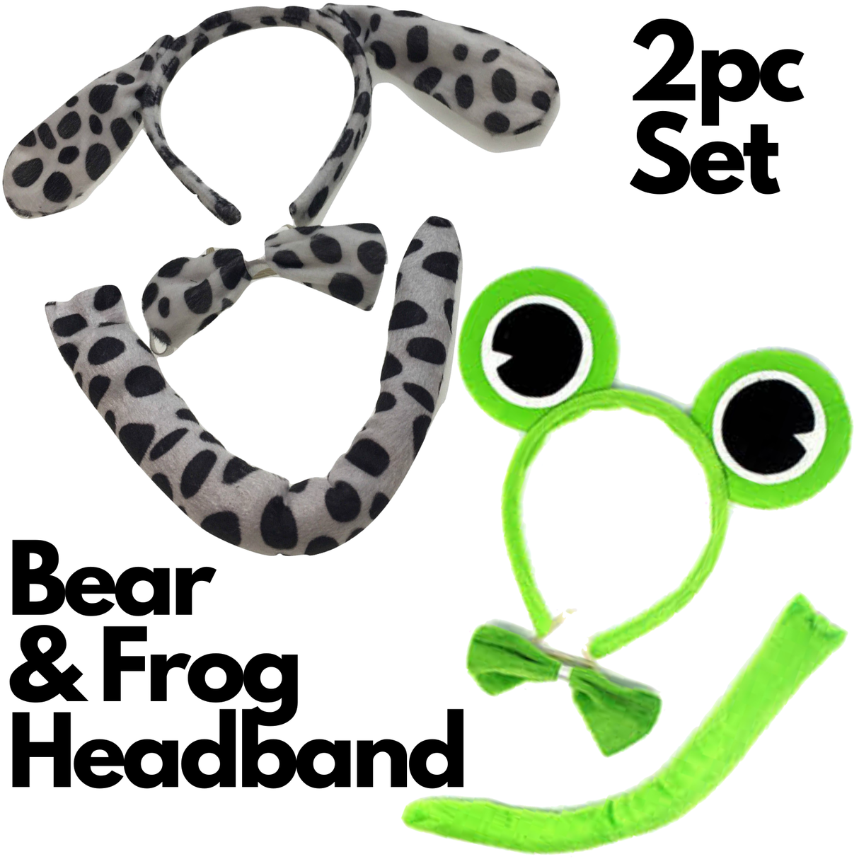 Adorable 2-Piece Animal Headband Set with Bow Tail for Dog & Frog Ears - Perfect for Halloween Parties!