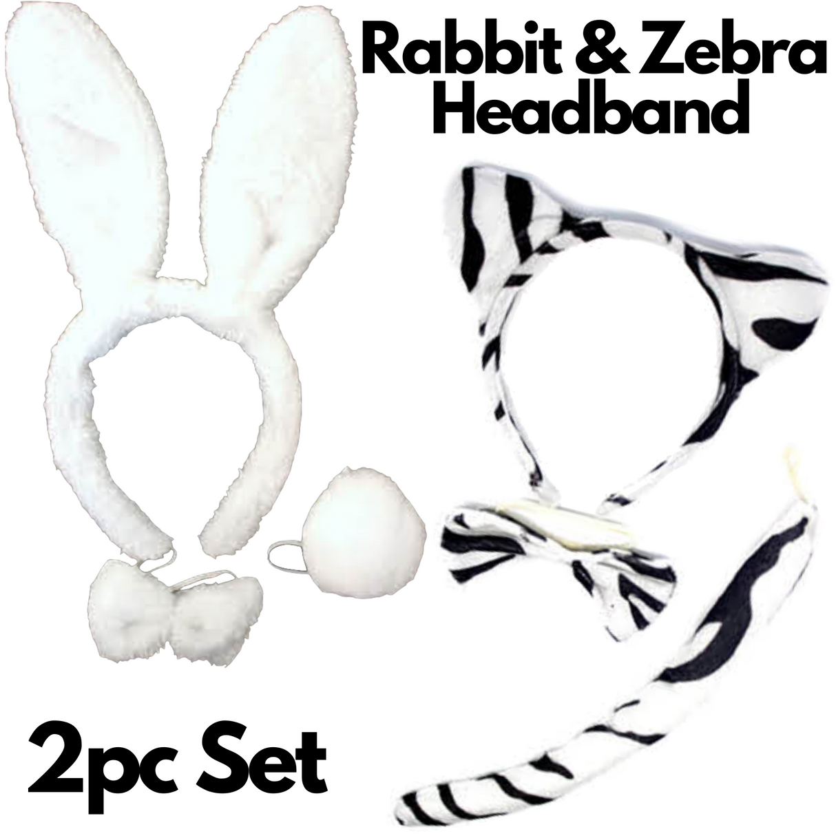 Adorable 2pc Animal Headband Set with Bow and Tail - Rabbit & Zebra Ears for Halloween Fun