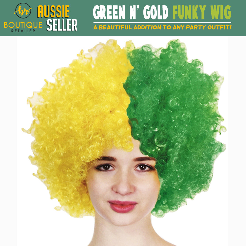 Funky Green/Gold Deluxe Aussie Afro Wig for Costume Parties and Australia Day Celebrations