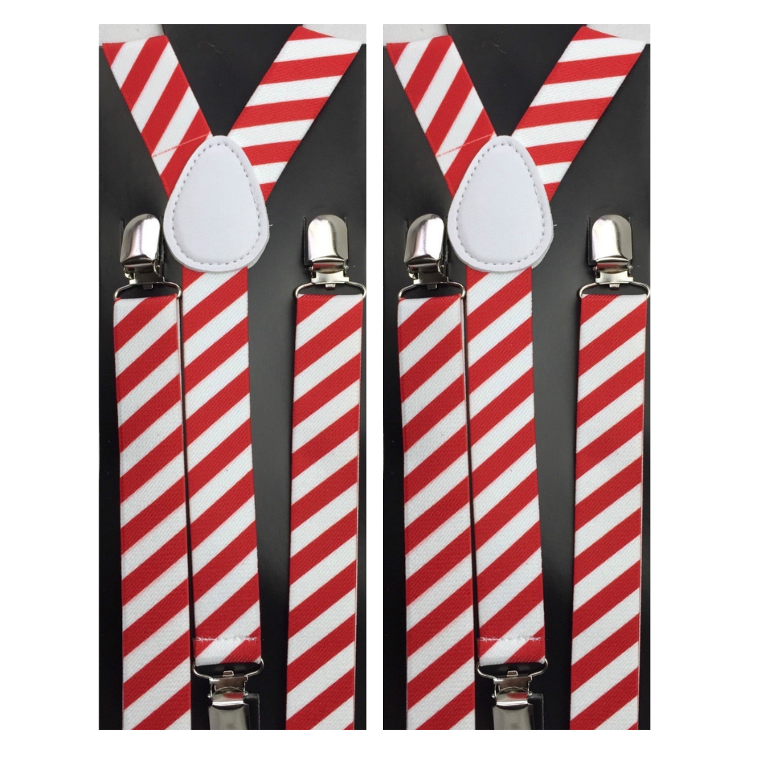 Men's Adjustable Clip-On Suspenders Braces - Red & White Diagonal Stripes - 2 Pack Stretchable Formal Wear