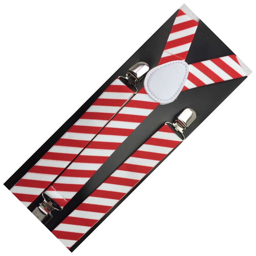 Men's Adjustable Clip-On Suspenders Braces - Red & White Diagonal Stripes - 2 Pack Stretchable Formal Wear