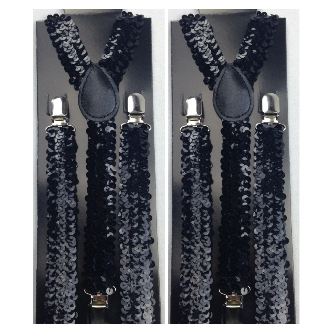 Adjustable 2-Pack Men's Elastic Suspenders with Strong Clips - Black Sequin Formal Wedding Slim Fit