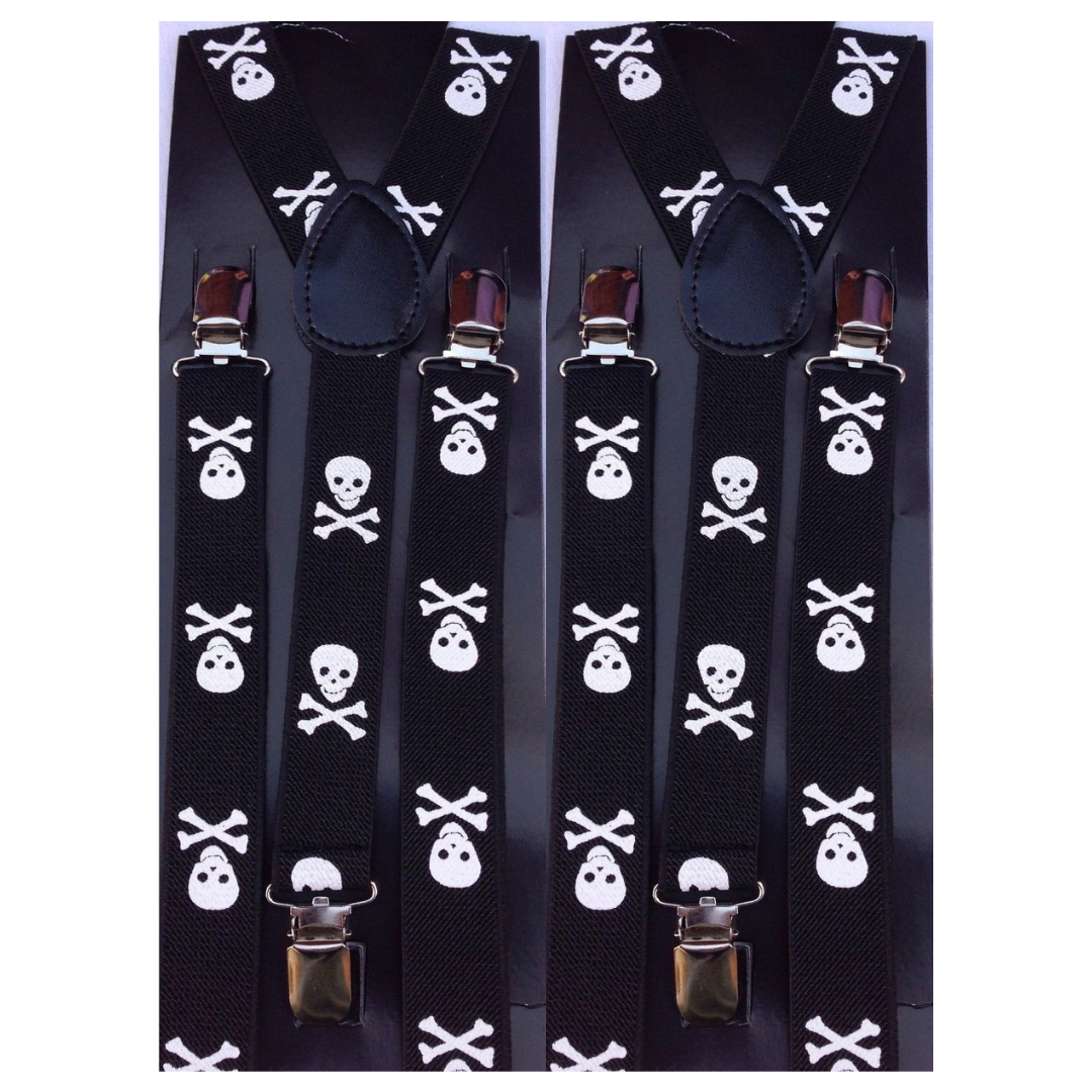 2-Pack Adjustable Black Suspenders with White Skulls - Strong Clip-On Elastic Braces for Formal Events and Weddings