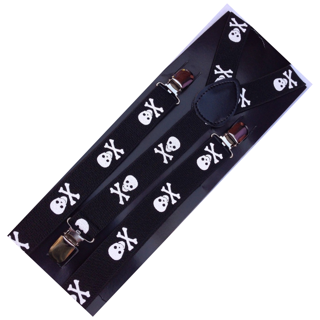 2-Pack Adjustable Black Suspenders with White Skulls - Strong Clip-On Elastic Braces for Formal Events and Weddings