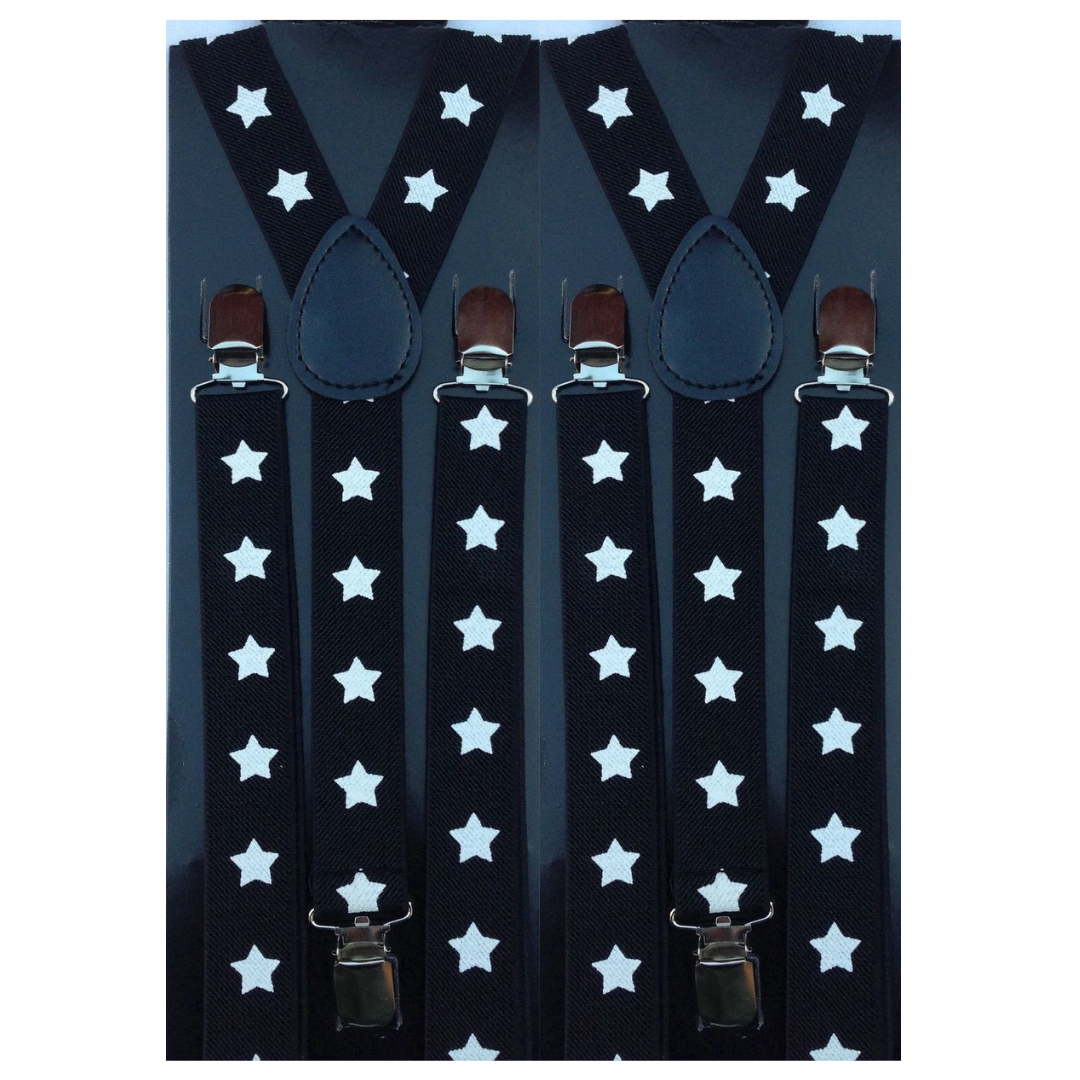 Double Pack of Men's Adjustable Clip-On Suspenders - Black with White Stars, Perfect for Weddings and Formal Occasions