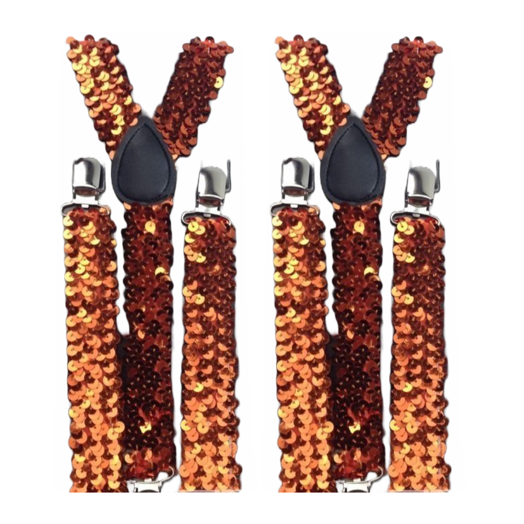 Adjustable Orange Sequin Men's Suspenders Braces - 2 Pack Clip-On Elastic for Formal Events