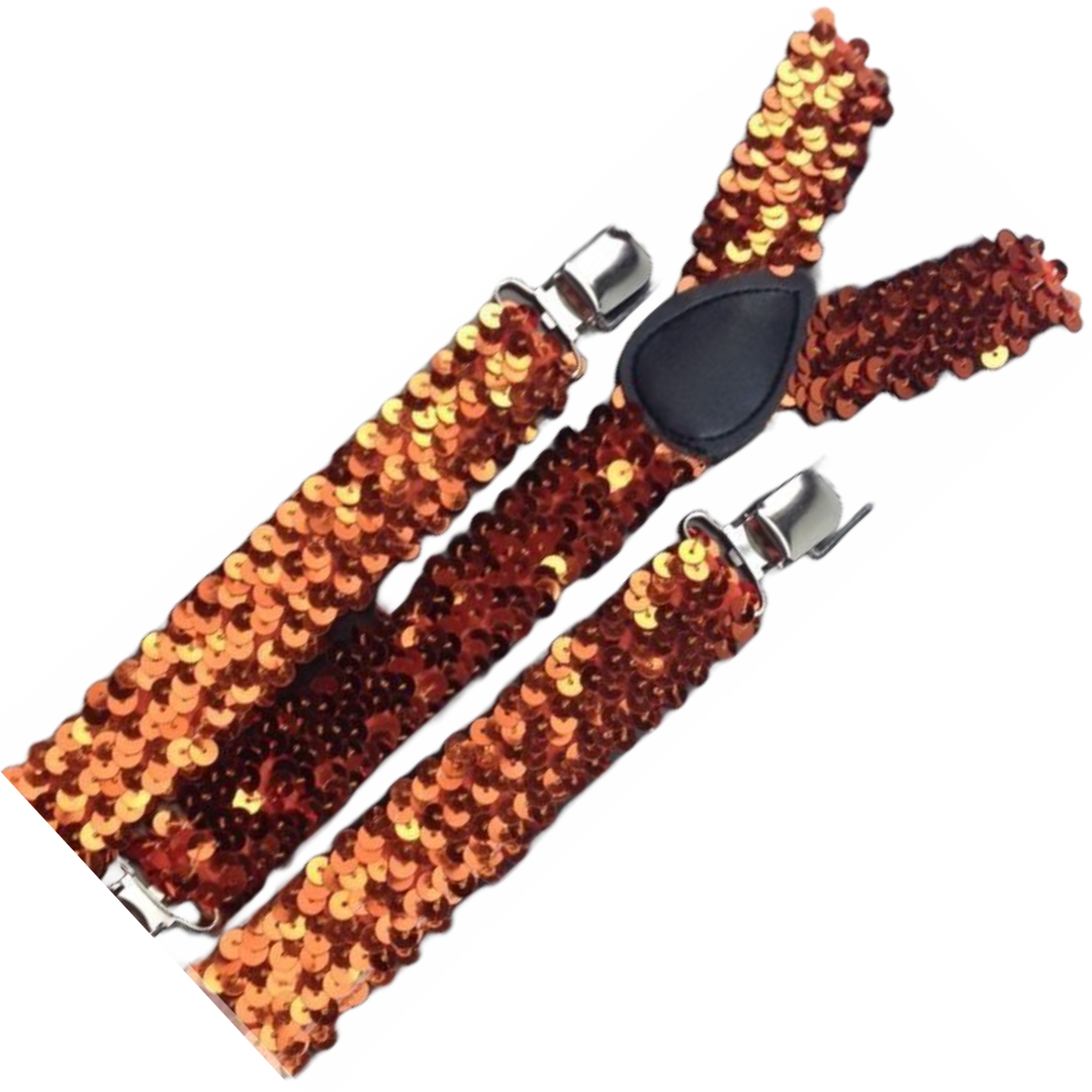 Adjustable Orange Sequin Men's Suspenders Braces - 2 Pack Clip-On Elastic for Formal Events