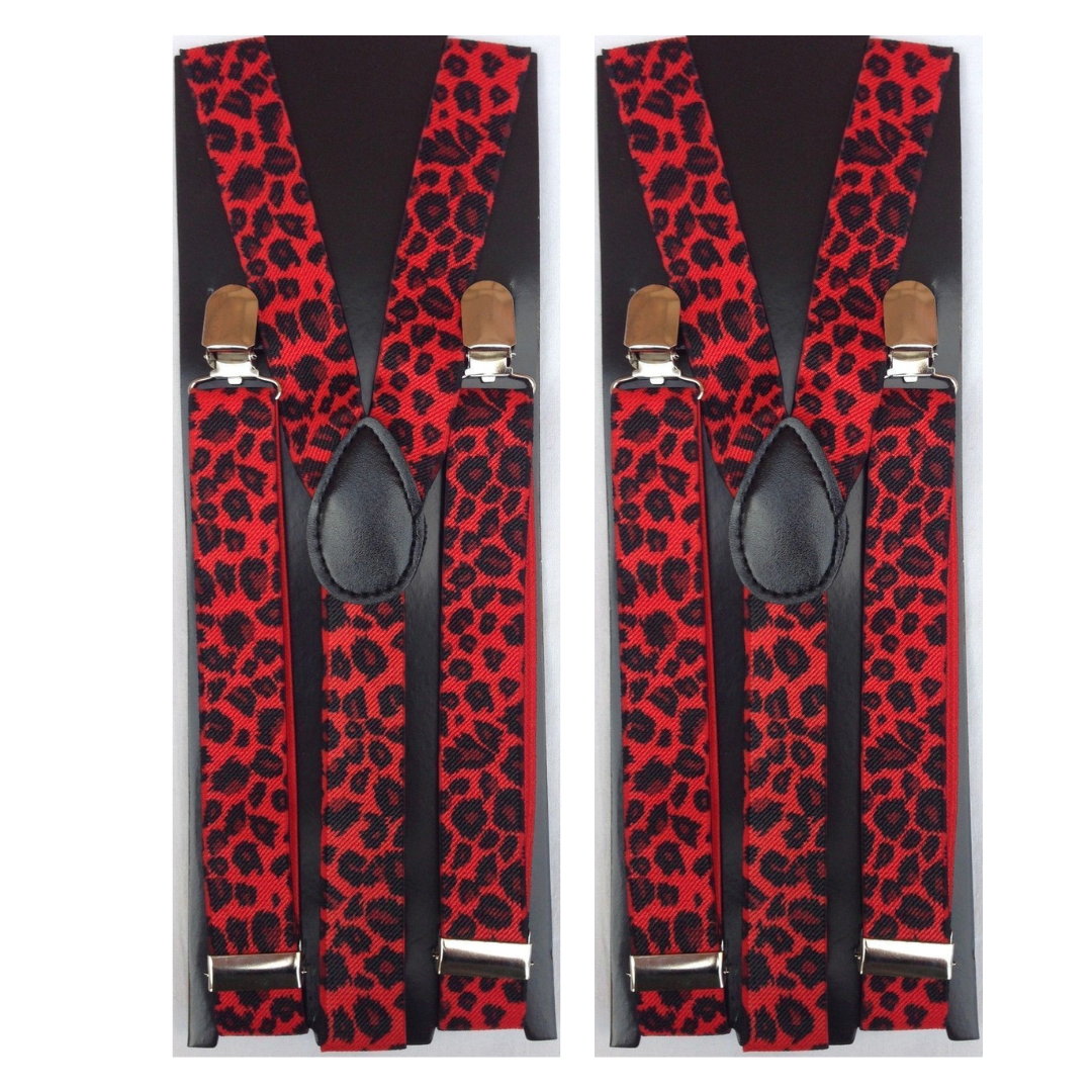 Adjustable Red Leopard Print Slim Men's Braces with Strong Clips - 2 Pack