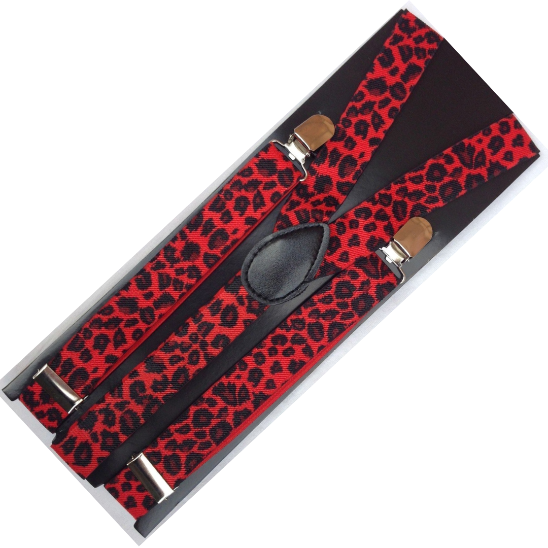 Adjustable Red Leopard Print Slim Men's Braces with Strong Clips - 2 Pack