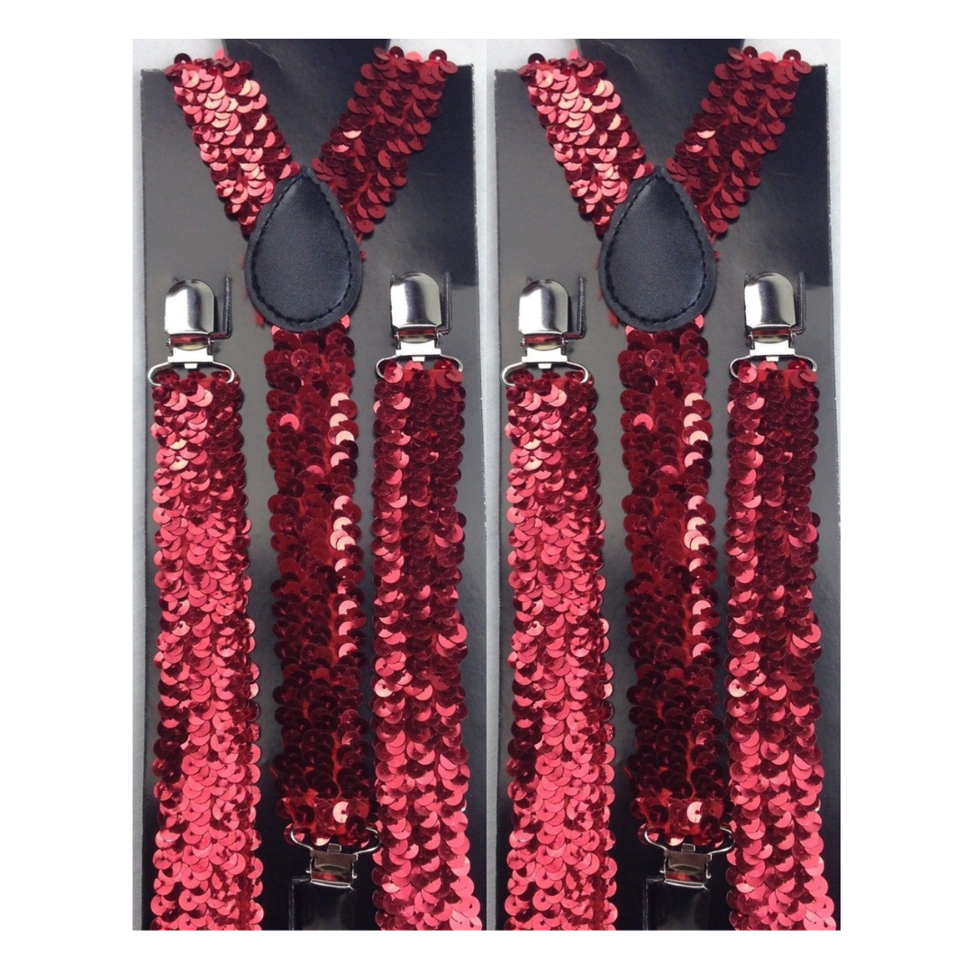 Adjustable Red Sequin Men's Suspenders - 2x Slim Clip-On Braces for Formal Events