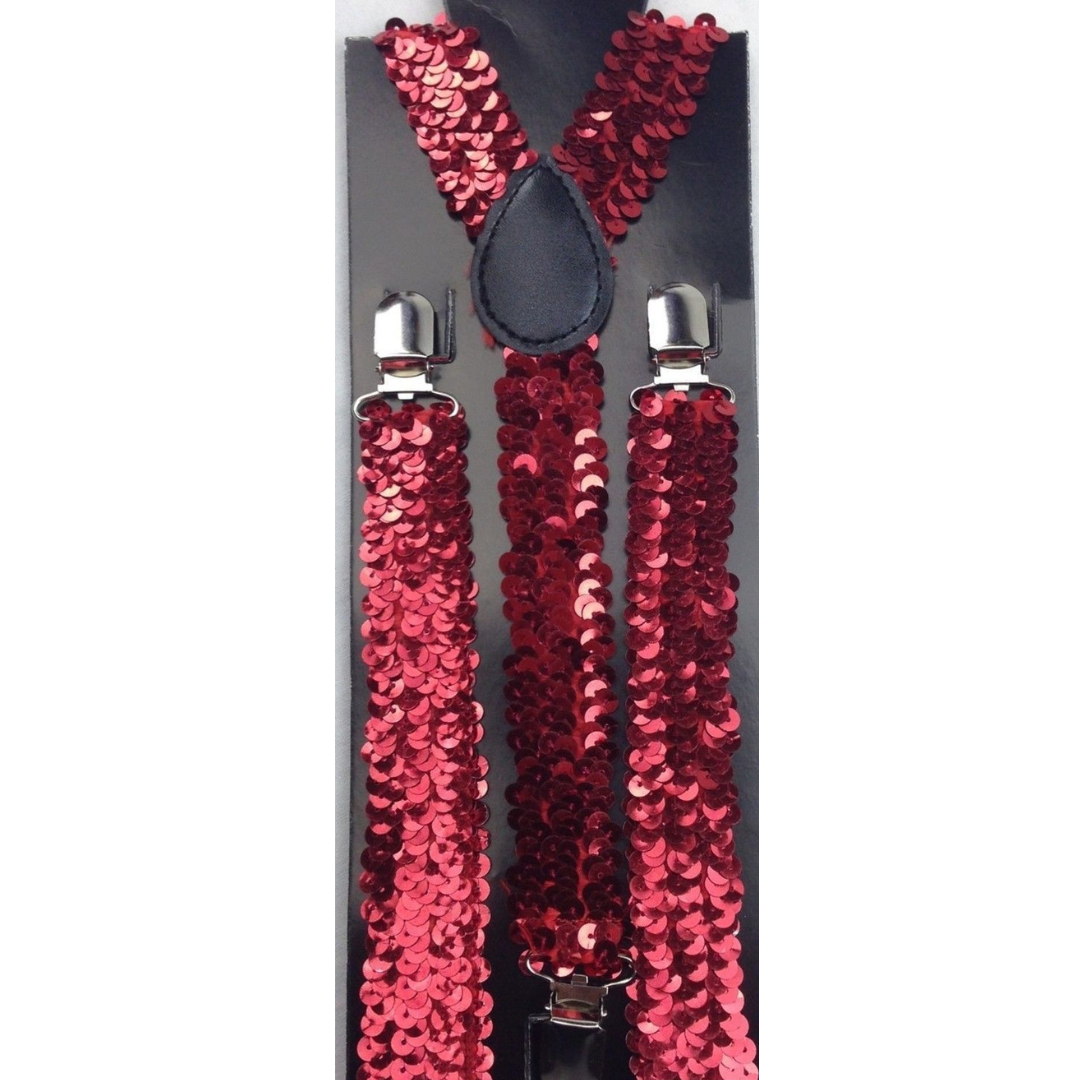 Adjustable Red Sequin Men's Suspenders - 2x Slim Clip-On Braces for Formal Events