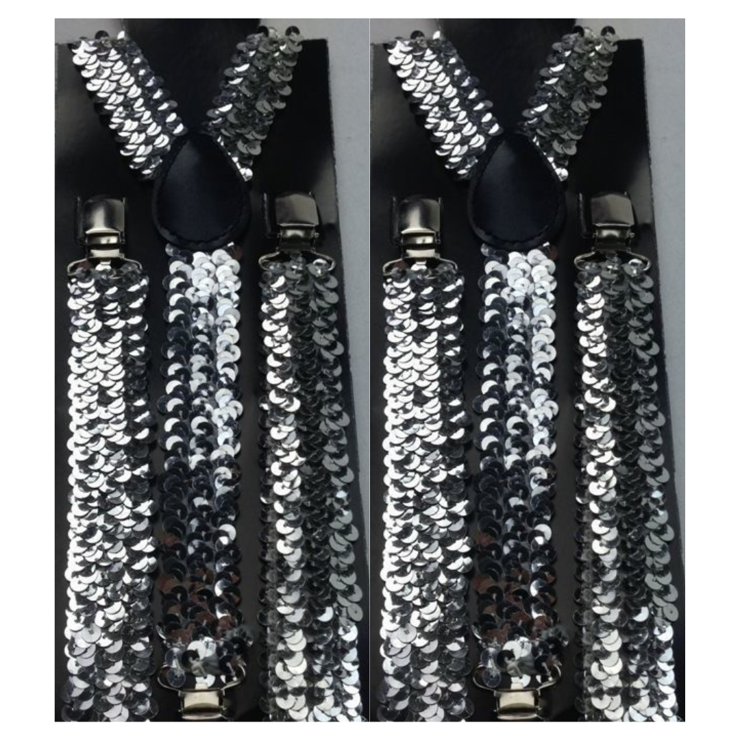 Adjustable Silver Sequin Men's Suspenders - 2-Pack Formal Braces for Weddings and Parties