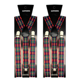 Tartan 2 Adjustable Men's Clip-On Suspenders - Strong Elastic Braces for Formal Events and Weddings