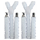 Adjustable White Sequin Men's Suspenders Braces - 2 Pack Slim Fit Elastic Clip-On for Weddings and Parties