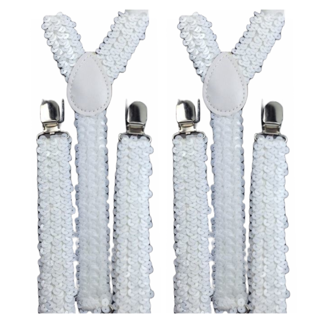 Adjustable White Sequin Men's Suspenders Braces - 2 Pack Slim Fit Elastic Clip-On for Weddings and Parties