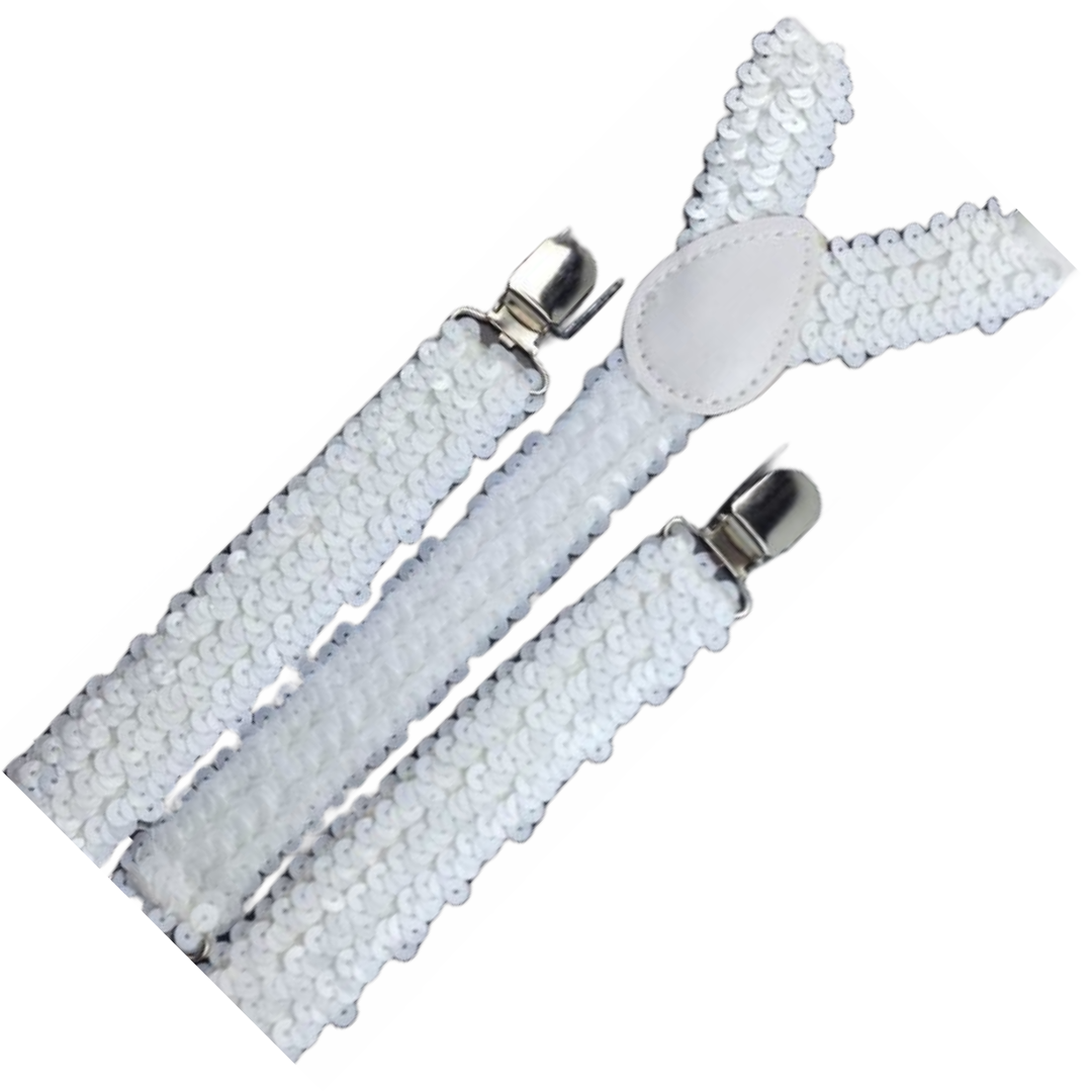 Adjustable White Sequin Men's Suspenders Braces - 2 Pack Slim Fit Elastic Clip-On for Weddings and Parties