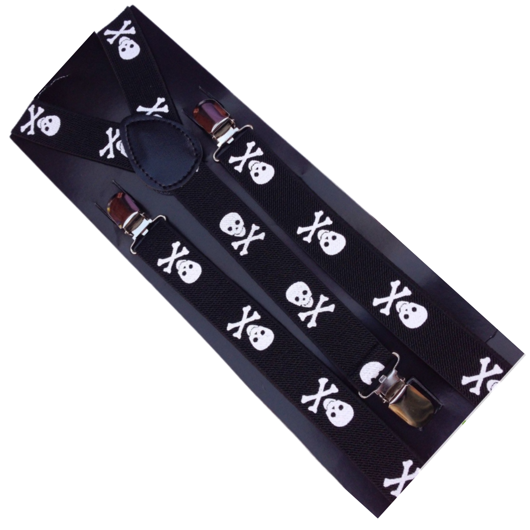 3-Pack Adjustable Men's Suspenders with Strong Clips - Black Elastic with White Skull Design for Formal Events