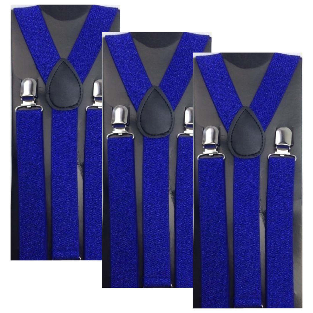 3-Pack Adjustable Men's Glitter Blue Suspenders - Strong Clip-On Elastic for Formal Events