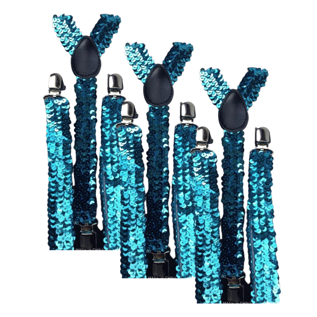 Blue Sequin Men's Adjustable Suspenders - 3 Pack Slim Elastic Clip-On Braces for Formal Weddings and Parties