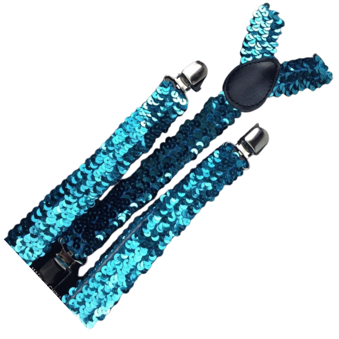 Blue Sequin Men's Adjustable Suspenders - 3 Pack Slim Elastic Clip-On Braces for Formal Weddings and Parties