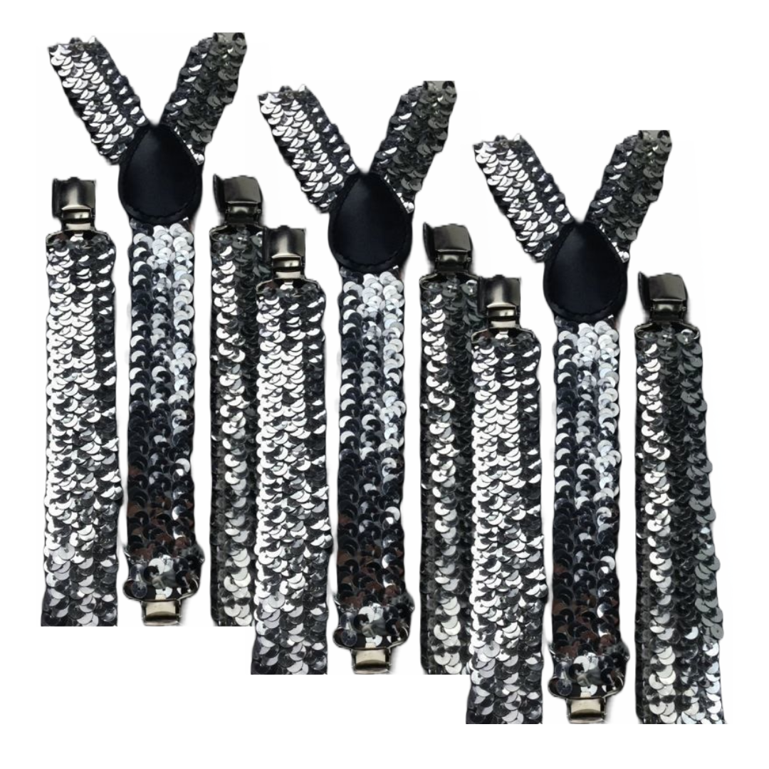 3-Pack Adjustable Men's Clip-On Suspenders - Elastic Formal Wedding Slim - Silver Sequin Finish