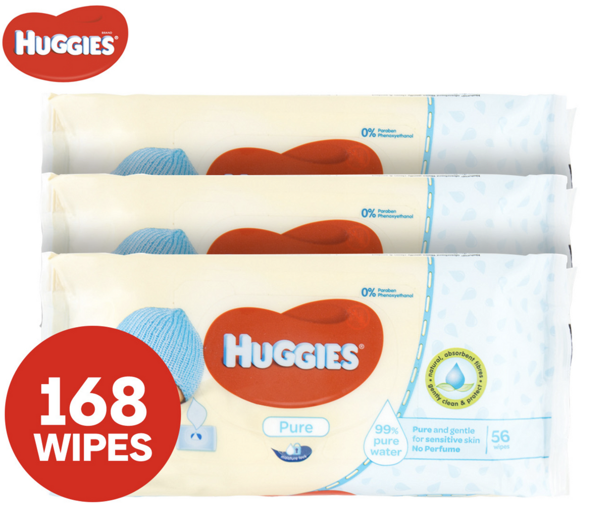 3-Pack Huggies Pure Unscented Baby Wipes (56 Count Each)