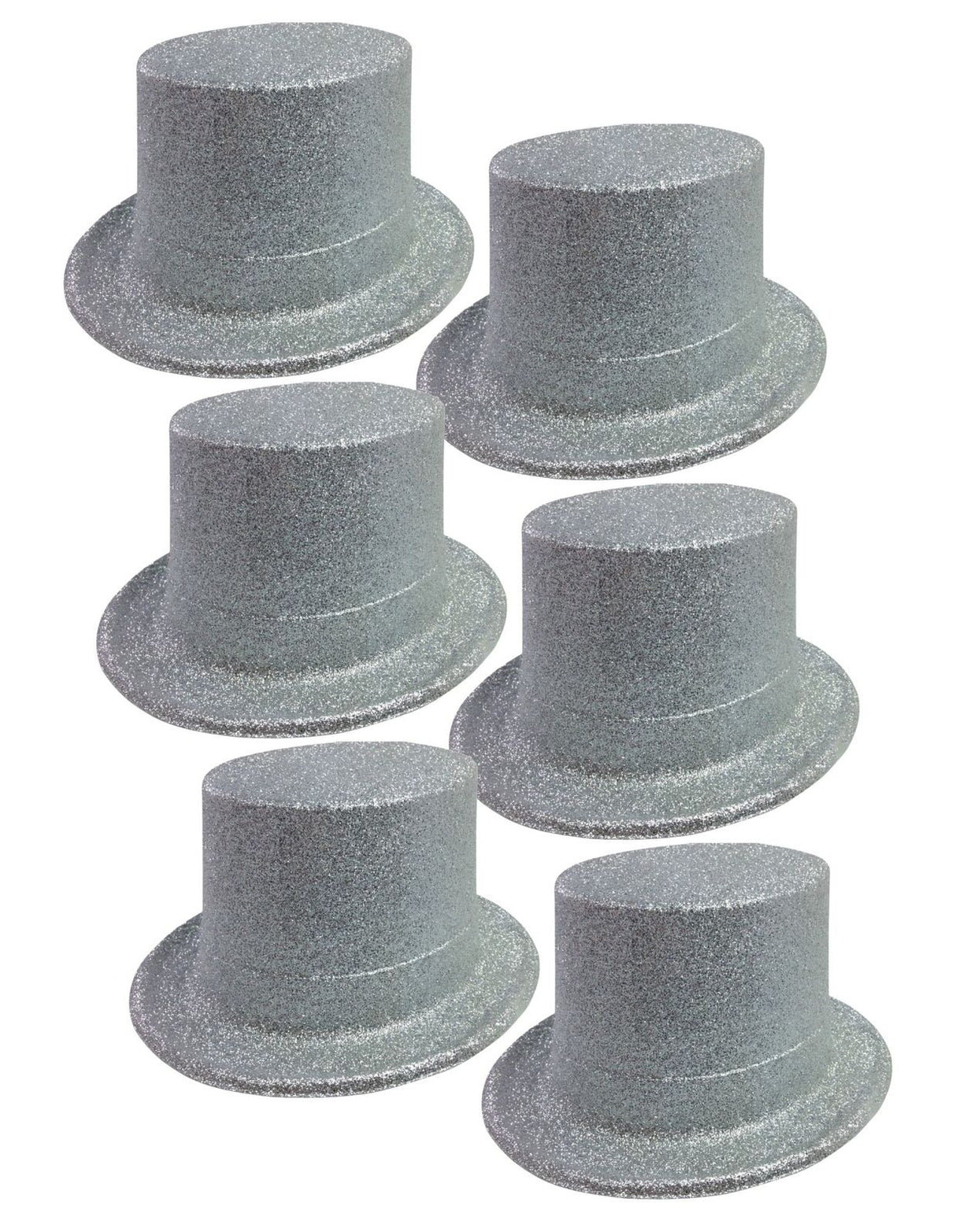 Bulk Set of 6 Sparkling Silver Top Hats - Fun Fancy Dress Accessories - One Size Fits Most