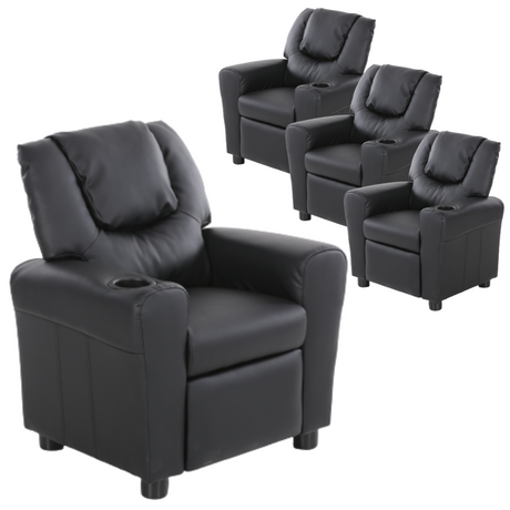 Set of 4 Kids Recliner Armchairs - Black PU Lounge Sofa with Cup Holder for Children