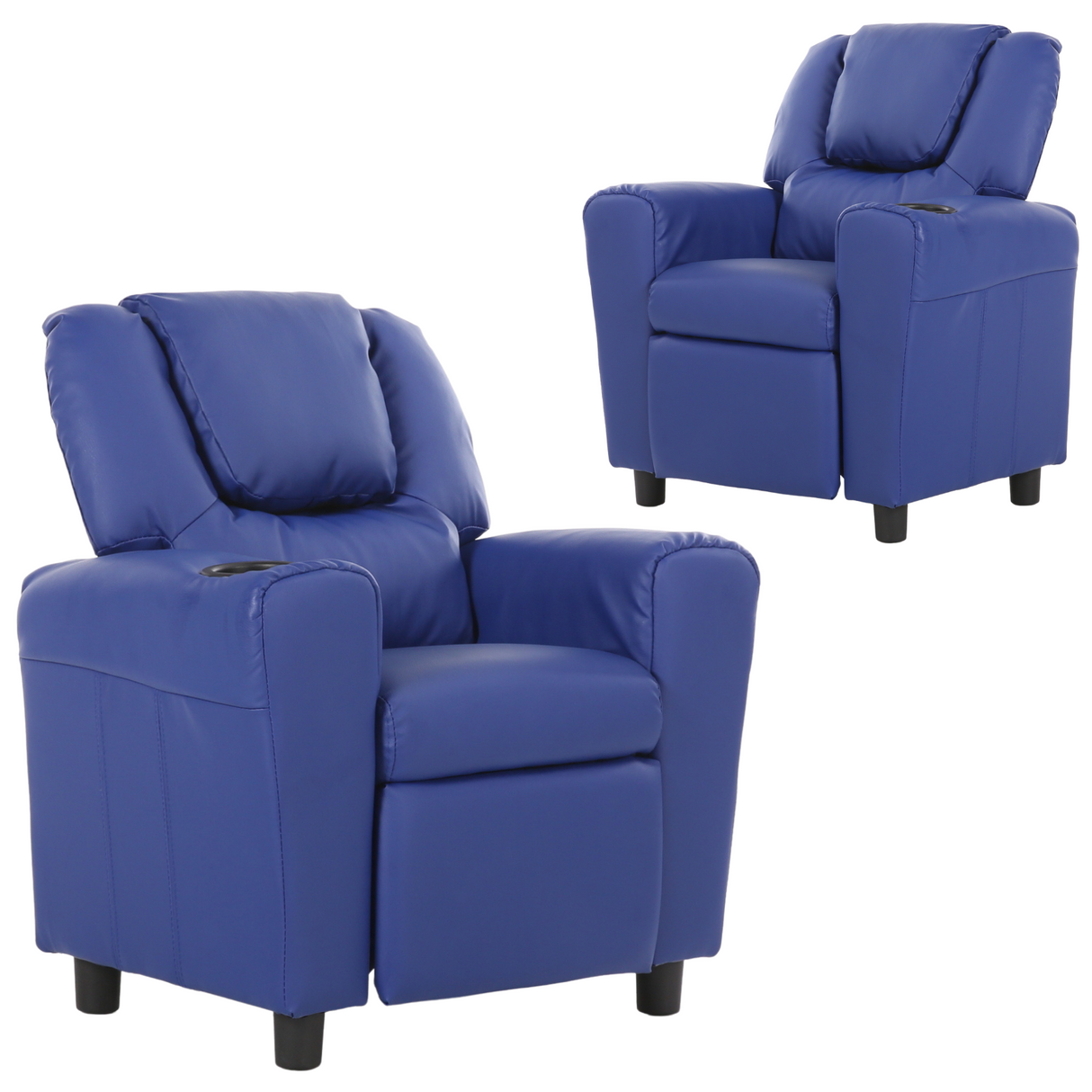 Set of 2 William Kids Recliner Chairs - Comfortable PU Armchairs with Cup Holder for Children - Blue Lounge Sofa