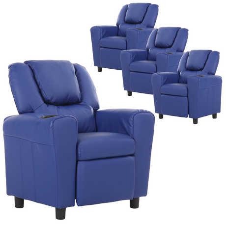 Set of 4 Blue PU Kids Recliner Armchairs with Cup Holder - Oliver Lounge Sofa for Children