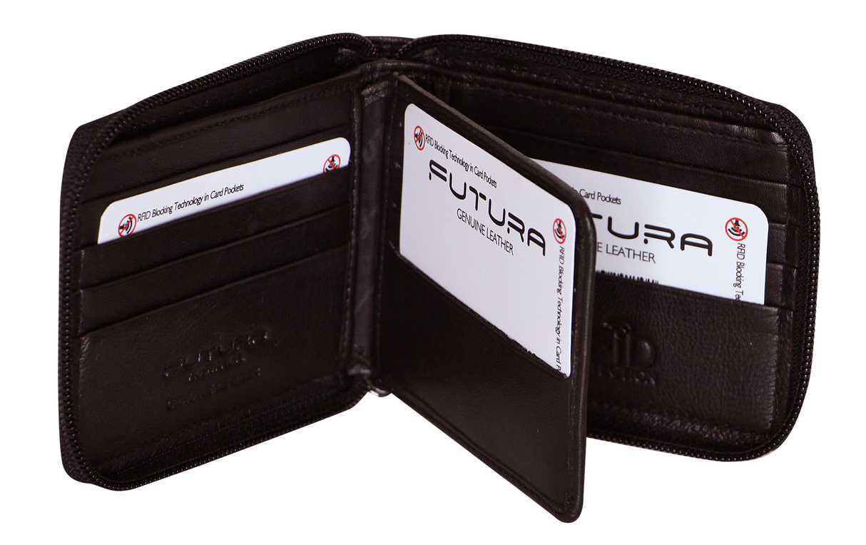 Futura Men's RFID Leather Wallet with Zip Closure - Black Gift Edition