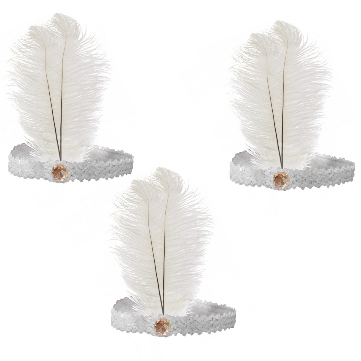 Triple Set of 1920s Flapper Headbands with Feather and Sequin for Charleston Gatsby Costume - White