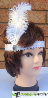 Triple Set of 1920s Flapper Headbands with Feather and Sequin for Charleston Gatsby Costume - White