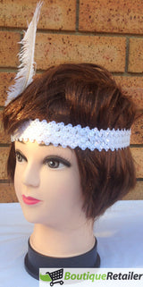 Triple Set of 1920s Flapper Headbands with Feather and Sequin for Charleston Gatsby Costume - White