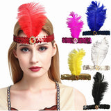 Vintage 1920s Flapper Headband Set with Feather and Sequin - Charleston Gatsby Costume Accessories (Assorted Colors)