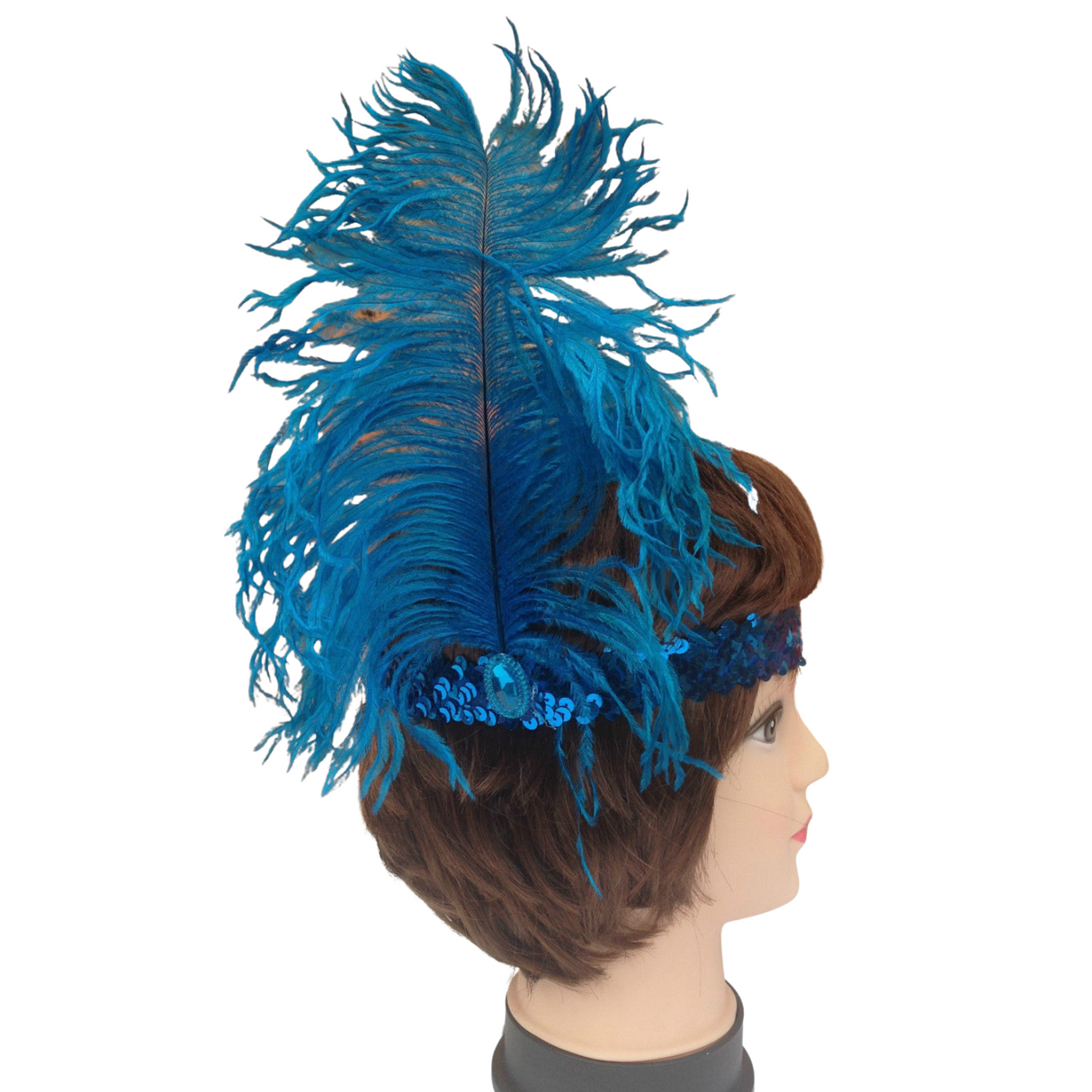 Bulk Pack of 6 Vintage 1920s Flapper Headbands with Feathers and Sequins for Charleston Costume Parties - Blue